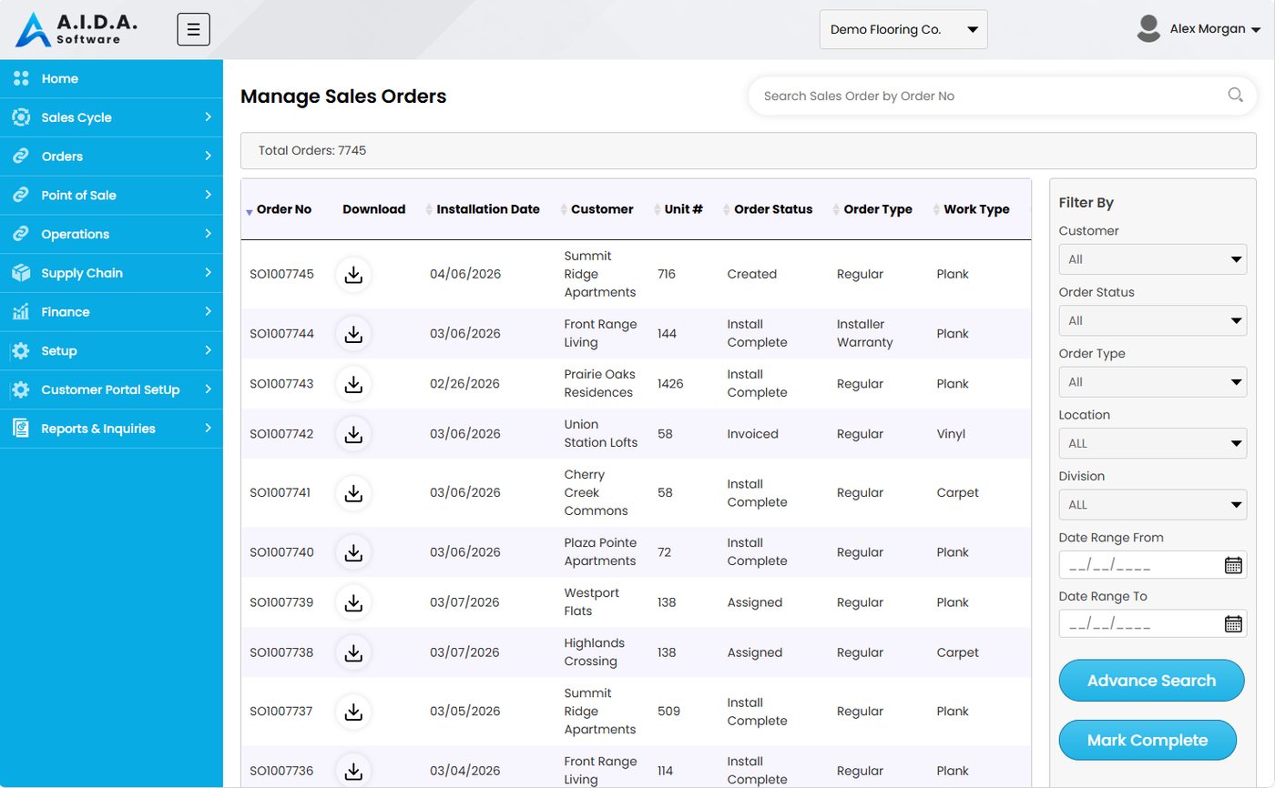 Aida sales order list with order status for each job